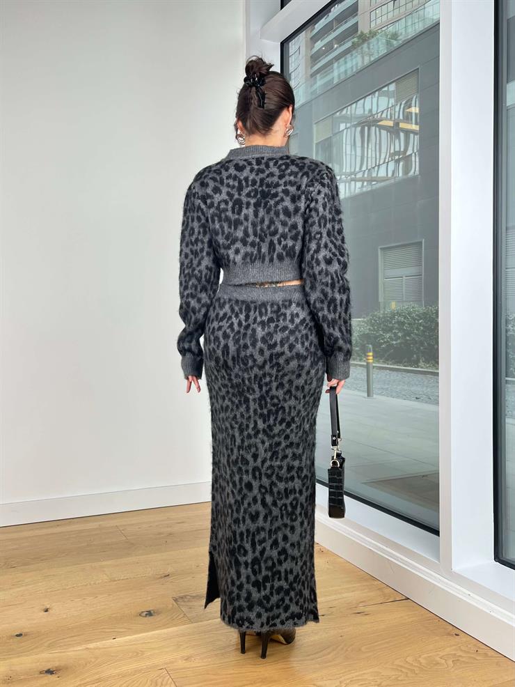 Yarım Boğazlı Uzun Kol Beli Lastikli Uzun Etek Nedas Antrasit Kadın Desenli Triko Takım 25K326