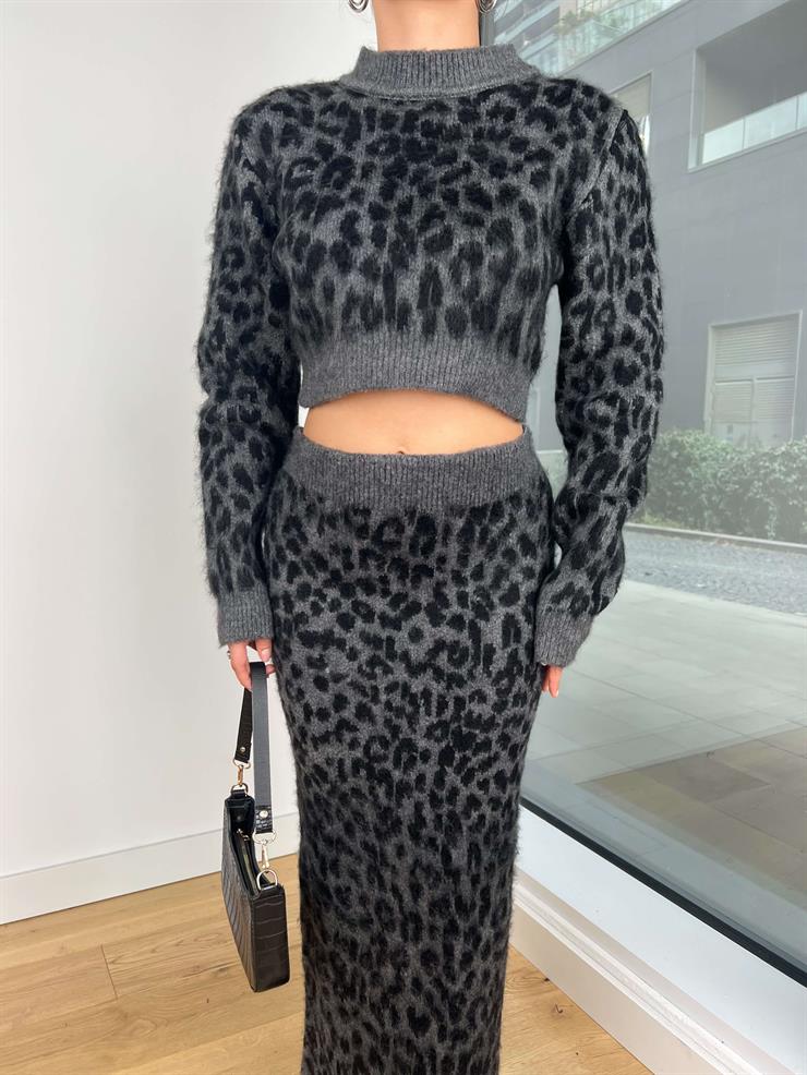 Yarım Boğazlı Uzun Kol Beli Lastikli Uzun Etek Nedas Antrasit Kadın Desenli Triko Takım 25K326