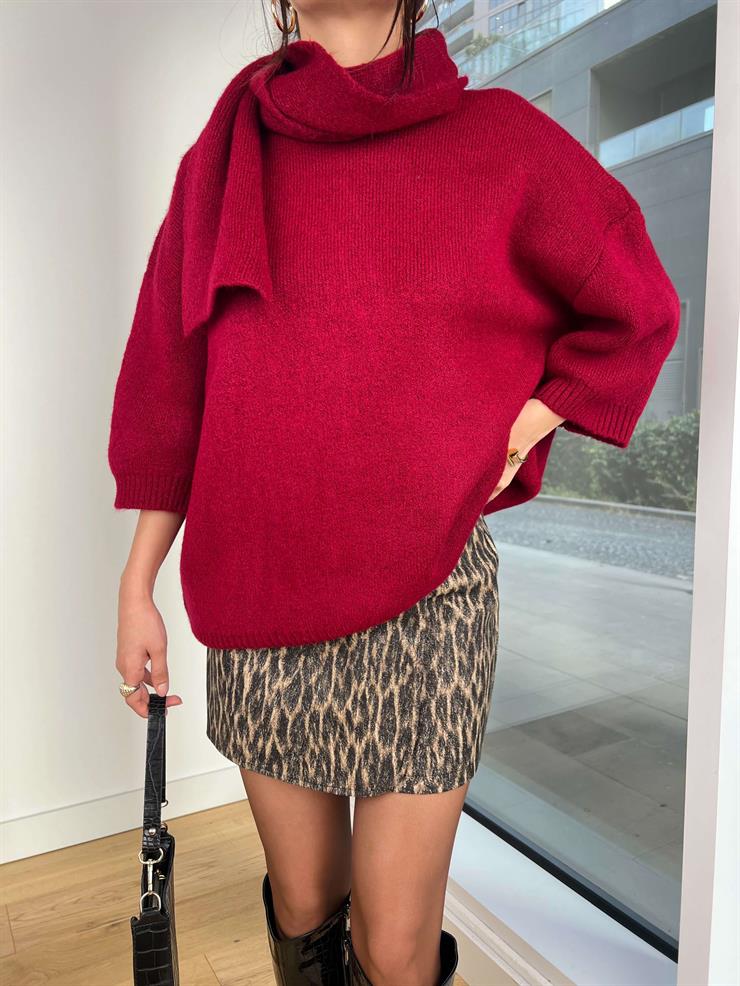 Balon Kol Boyundan Atkı Detaylı Neilas Bordo Kadın Triko Kazak 25K350