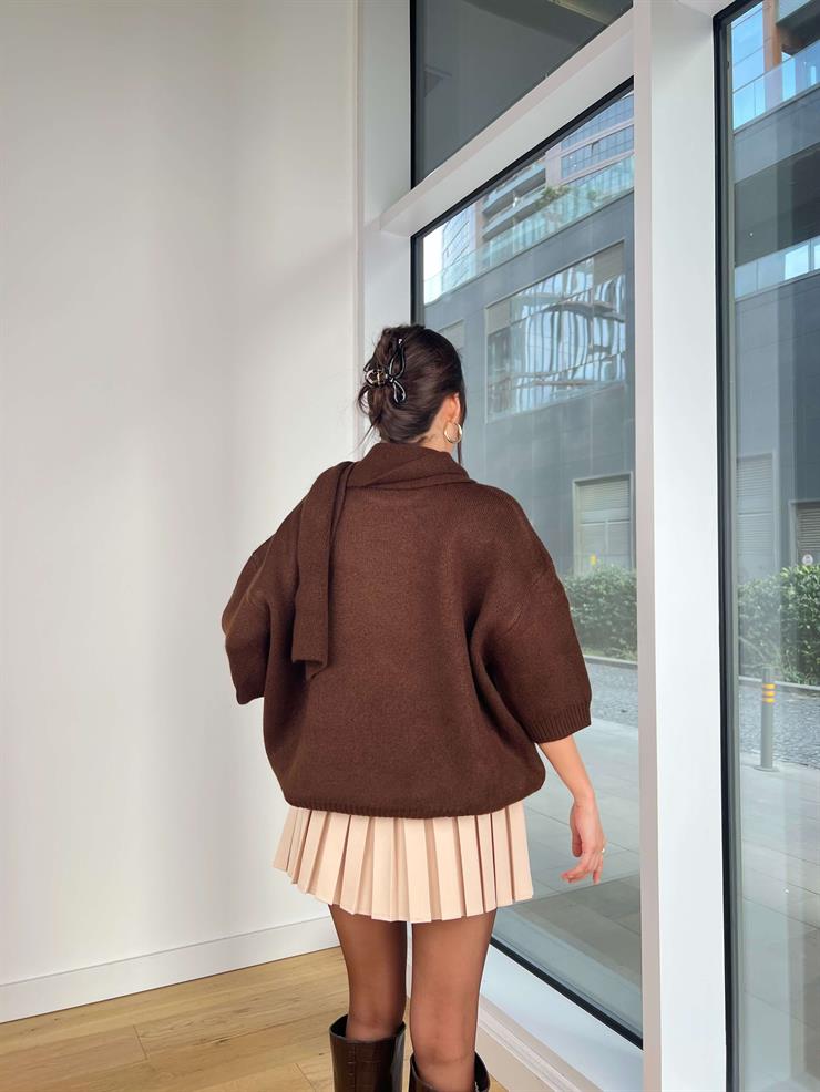 Balon Kol Boyundan Atkı Detaylı Neilas Kahve Kadın Triko Kazak 25K350