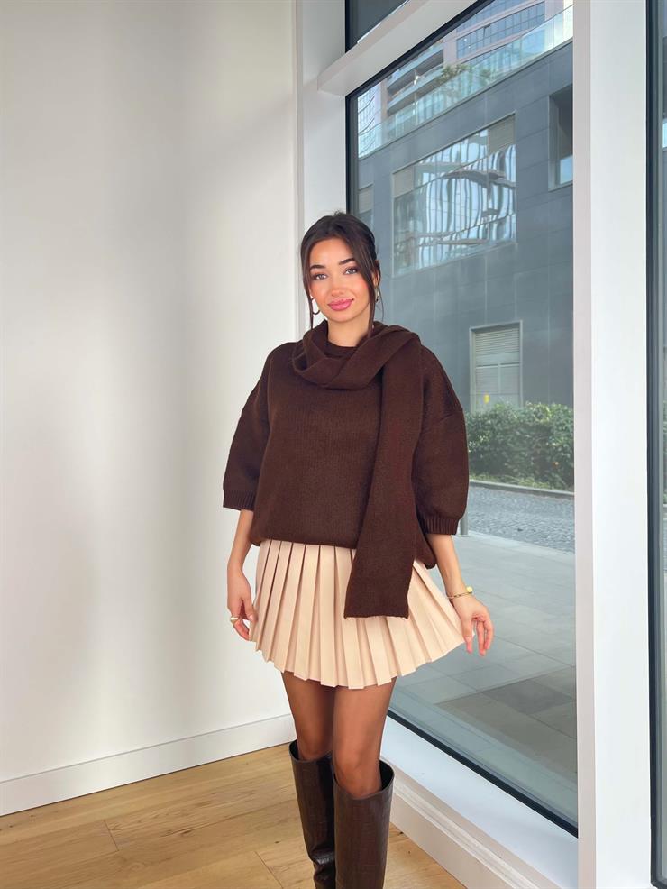 Balon Kol Boyundan Atkı Detaylı Neilas Kahve Kadın Triko Kazak 25K350