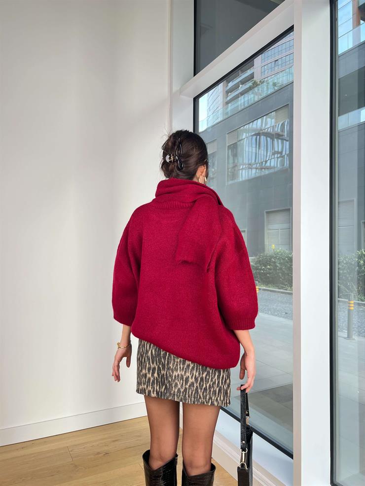 Balon Kol Boyundan Atkı Detaylı Neilas Bordo Kadın Triko Kazak 25K350