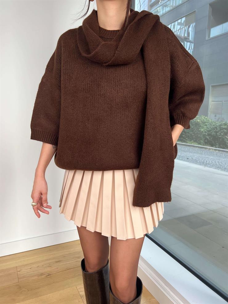 Balon Kol Boyundan Atkı Detaylı Neilas Kahve Kadın Triko Kazak 25K350