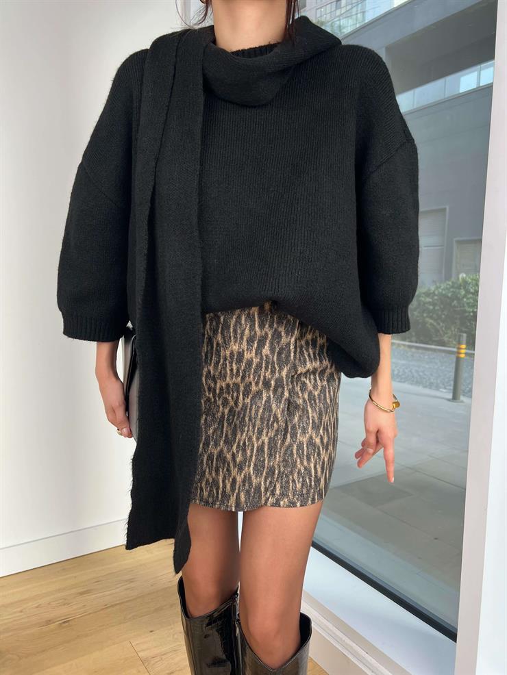 Balon Kol Boyundan Atkı Detaylı Neilas Siyah Kadın Triko Kazak 25K350