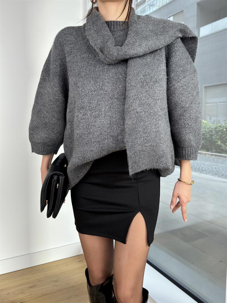 Balon Kol Boyundan Atkı Detaylı Neilas Antrasit Kadın Triko Kazak 25K350