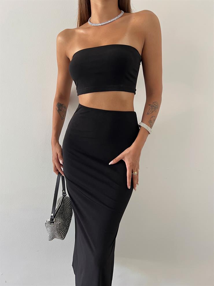 Straplez Crop Yüksek Bel Yırtmaçlı Midi Etek Nell Kadın Siyah İkili Takım 23Y000611