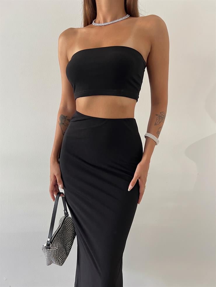 Straplez Crop Yüksek Bel Yırtmaçlı Midi Etek Nell Kadın Siyah İkili Takım 23Y000611