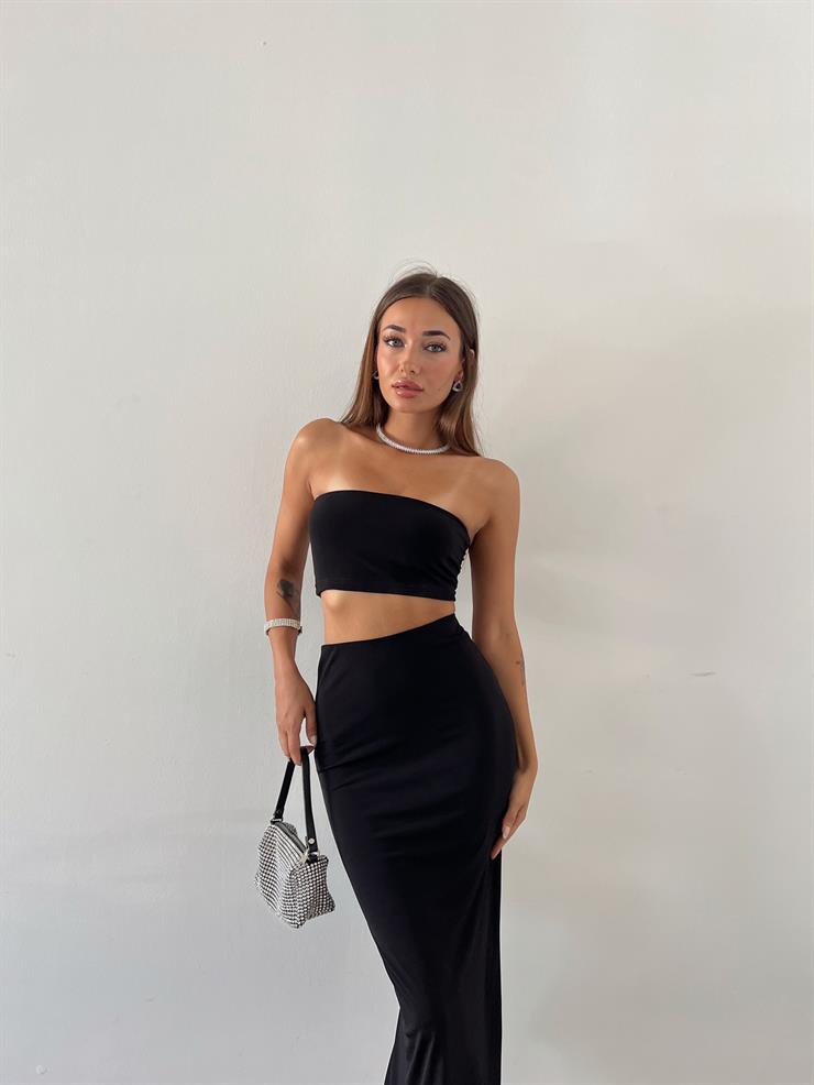 Straplez Crop Yüksek Bel Yırtmaçlı Midi Etek Nell Kadın Siyah İkili Takım 23Y000611