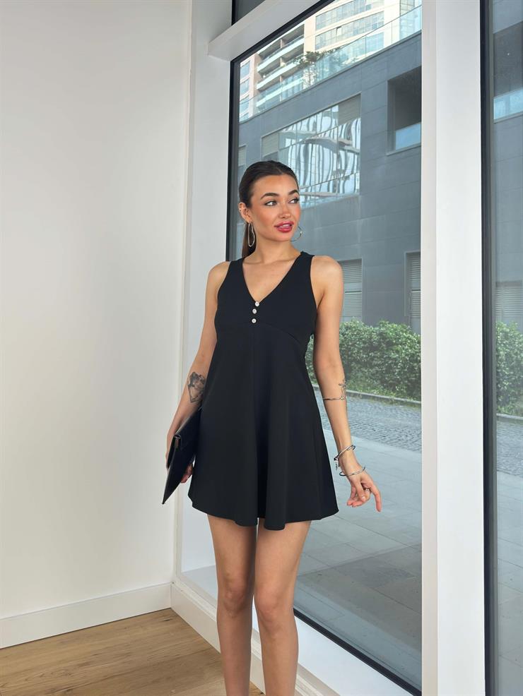 V Yaka Kalın Askılı Önü Düğme Detaylı Sırt Dekolteli Nelly Kadın Siyah Mini Elbise 24Y607