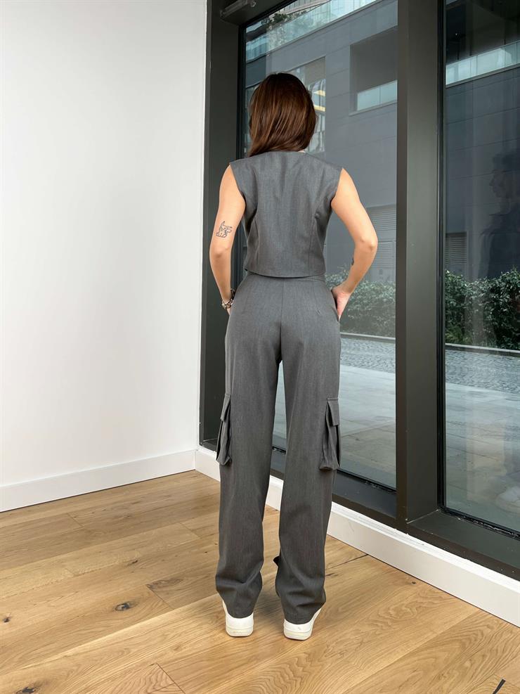 Asimetrik Yelek Yüksek Bel Cep Detaylı Pantolon Nelton Kadın Gri Takım 24Y066