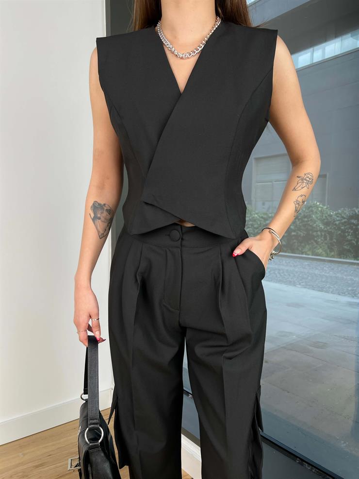 Asimetrik Yelek Yüksek Bel Cep Detaylı Pantolon Nelton Kadın Siyah Takım 24Y066