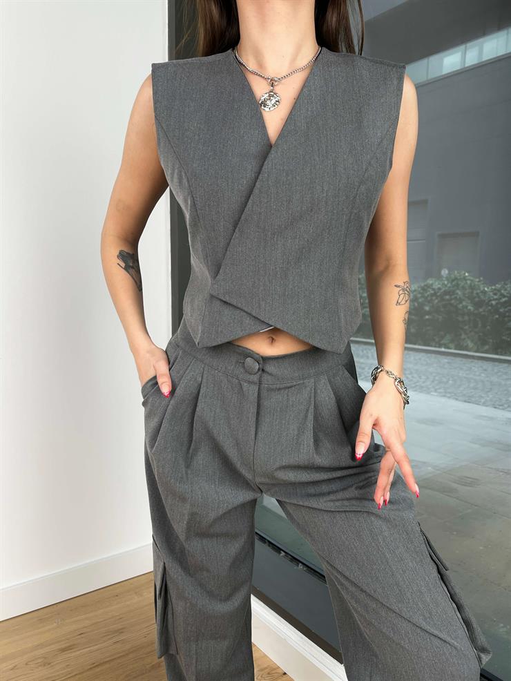 Asimetrik Yelek Yüksek Bel Cep Detaylı Pantolon Nelton Kadın Gri Takım 24Y066