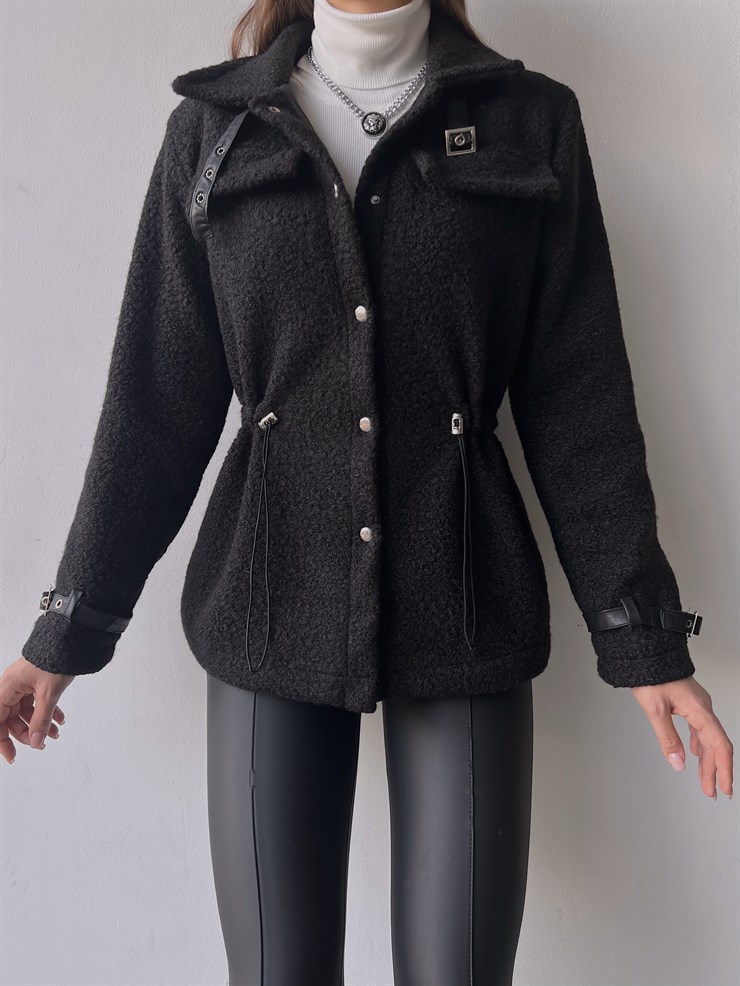 Önü Çıtçıt Kapamalı Belden Lastikli Kol Kemerli Nemesis Kadın Siyah Ceket 23K000245