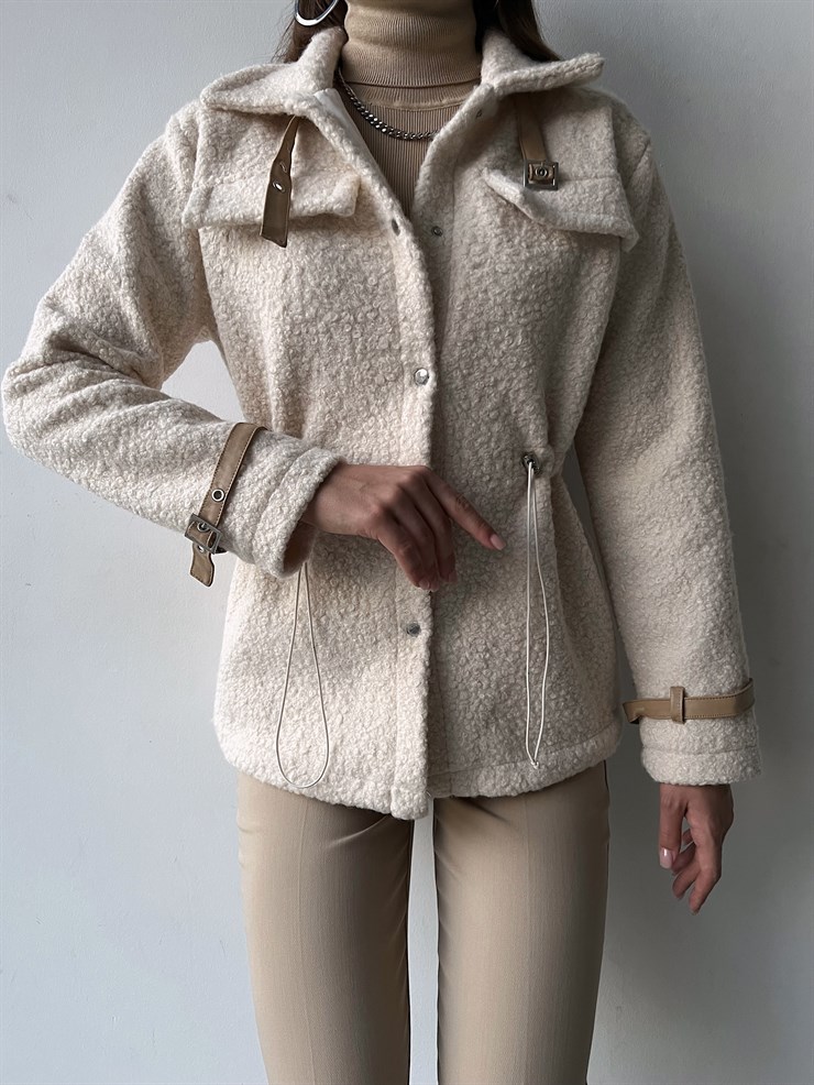 Önü Çıtçıt Kapamalı Belden Lastikli Kol Kemerli Nemesis Kadın Bej Ceket 23K000245