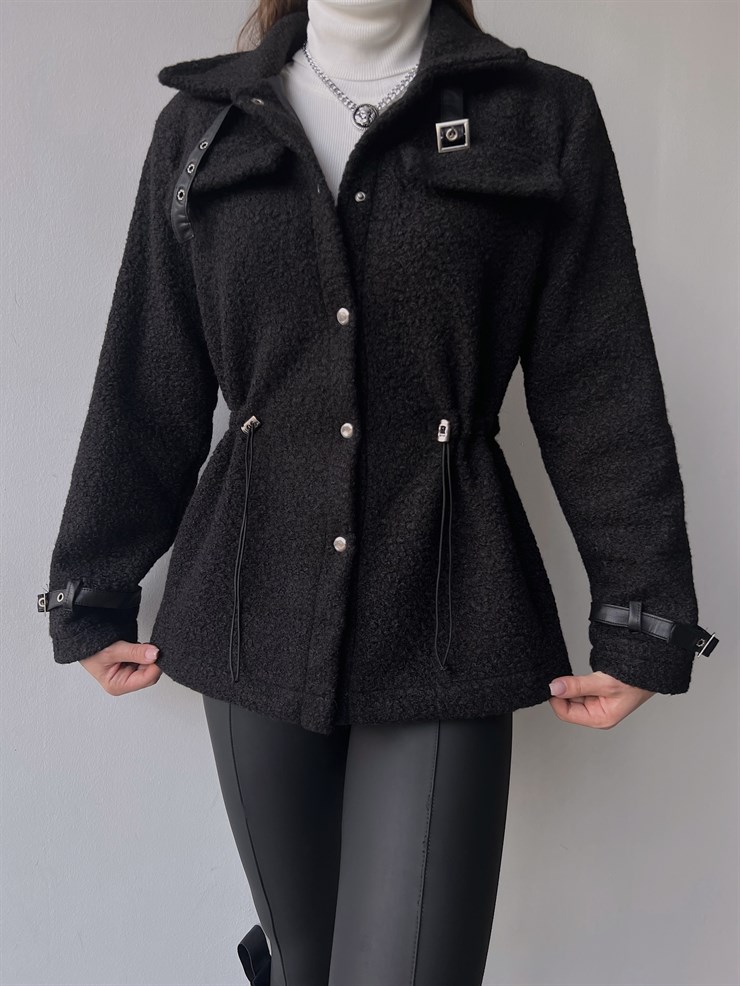 Önü Çıtçıt Kapamalı Belden Lastikli Kol Kemerli Nemesis Kadın Siyah Ceket 23K000245