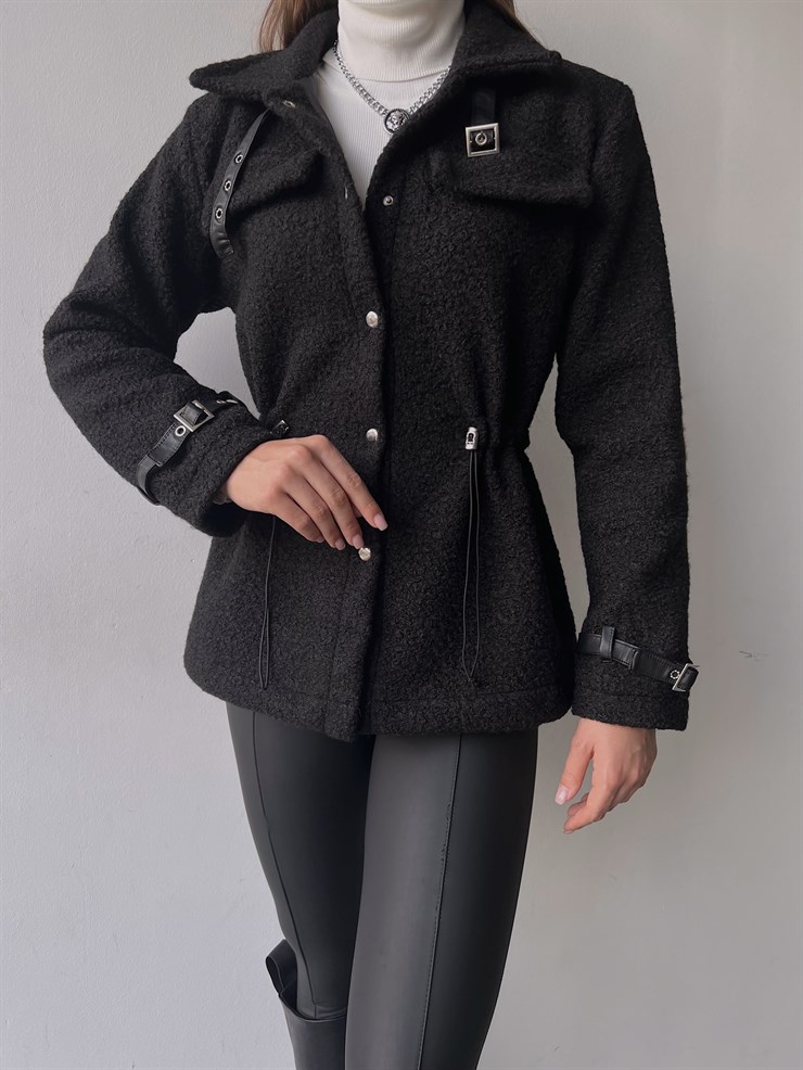 Önü Çıtçıt Kapamalı Belden Lastikli Kol Kemerli Nemesis Kadın Siyah Ceket 23K000245