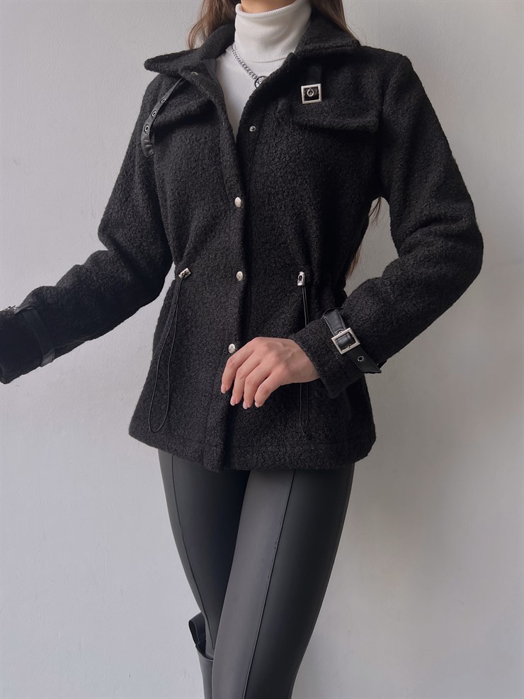 Önü Çıtçıt Kapamalı Belden Lastikli Kol Kemerli Nemesis Kadın Siyah Ceket 23K000245