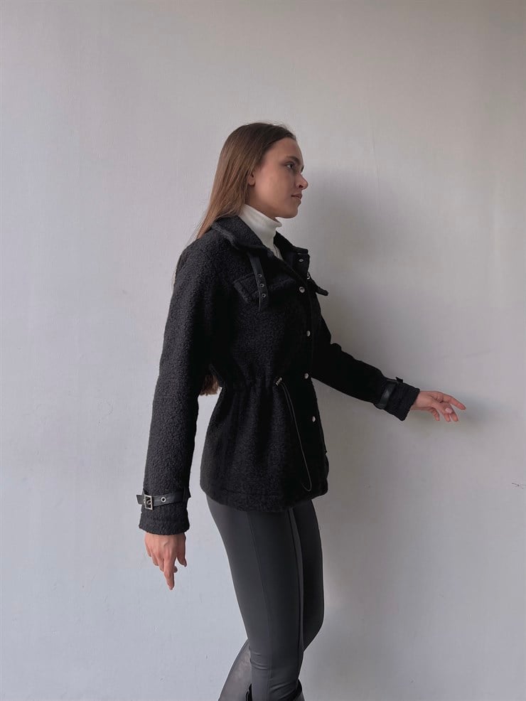 Önü Çıtçıt Kapamalı Belden Lastikli Kol Kemerli Nemesis Kadın Siyah Ceket 23K000245