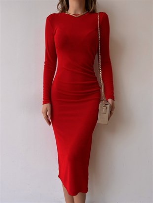 Yandan Asimetrik Yırtmaçlı Midi Nerino Kadın Kırmızı Elbise 22K000523