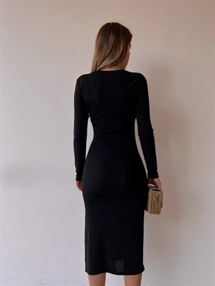 Yandan Asimetrik Yırtmaçlı Midi Nerino Kadın Siyah Elbise 22K000523