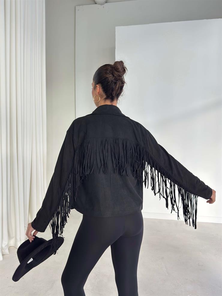 Püsküllü Düğme Kapamalı Nerlan Siyah Kadın Ceket 26K336