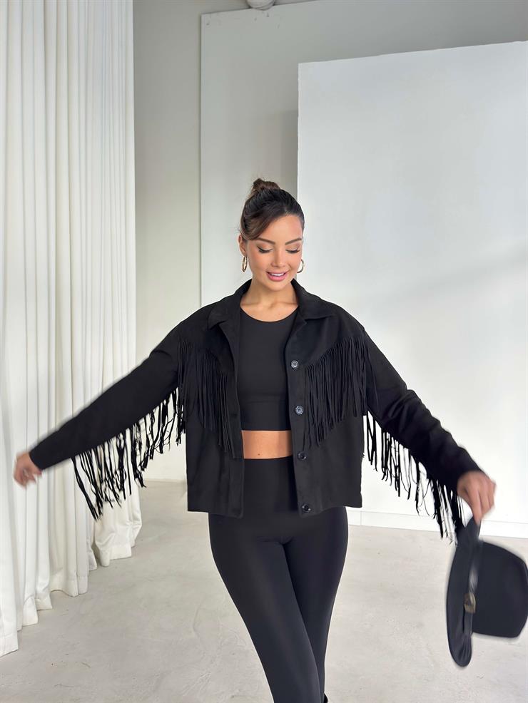 Püsküllü Düğme Kapamalı Nerlan Siyah Kadın Ceket 26K336