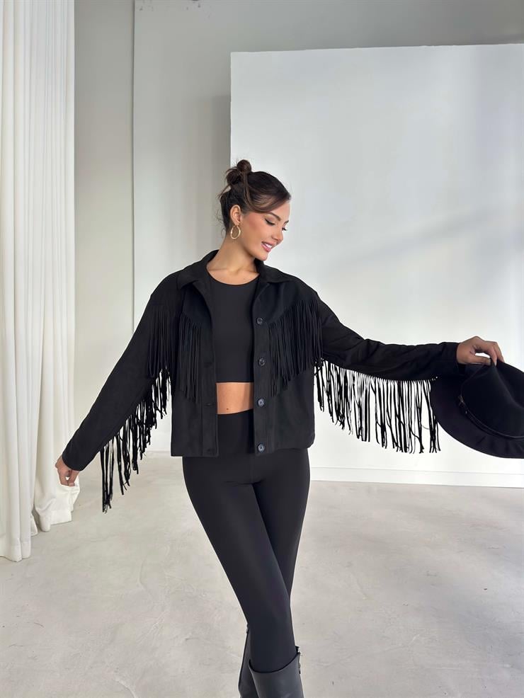 Püsküllü Düğme Kapamalı Nerlan Siyah Kadın Ceket 26K336