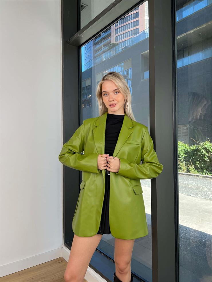 Oversize Vegan Deri Nervio Kadın Yeşil Blazer Ceket 24k000138