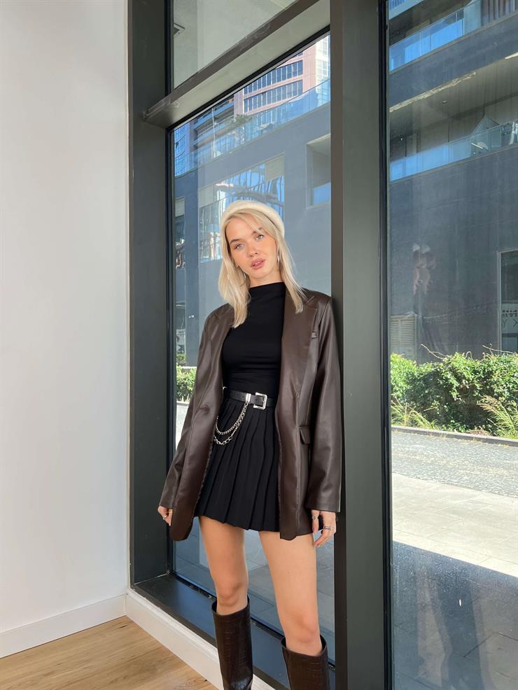 Oversize Vegan Deri Nervio Kadın Kahve Blazer Ceket 24k000138