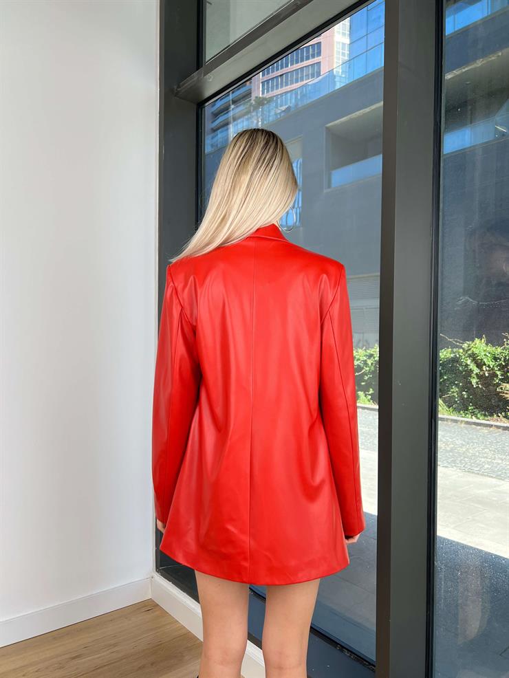 Oversize Vegan Deri Nervio Kadın Kırmızı Blazer Ceket 24k000138