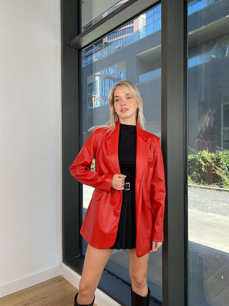 Oversize Vegan Deri Nervio Kadın Kırmızı Blazer Ceket 24k000138