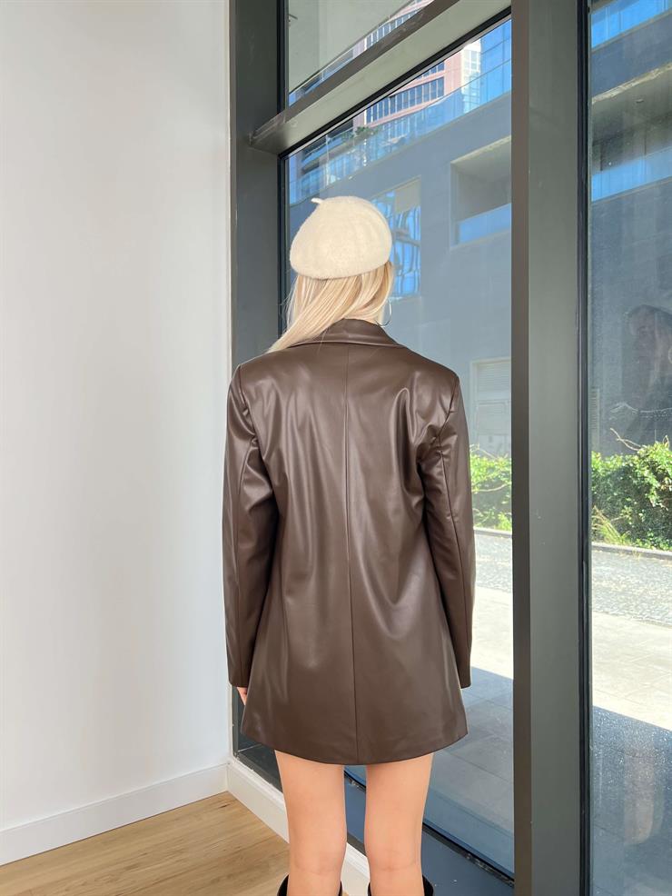 Oversize Vegan Deri Nervio Kadın Kahve Blazer Ceket 24k000138