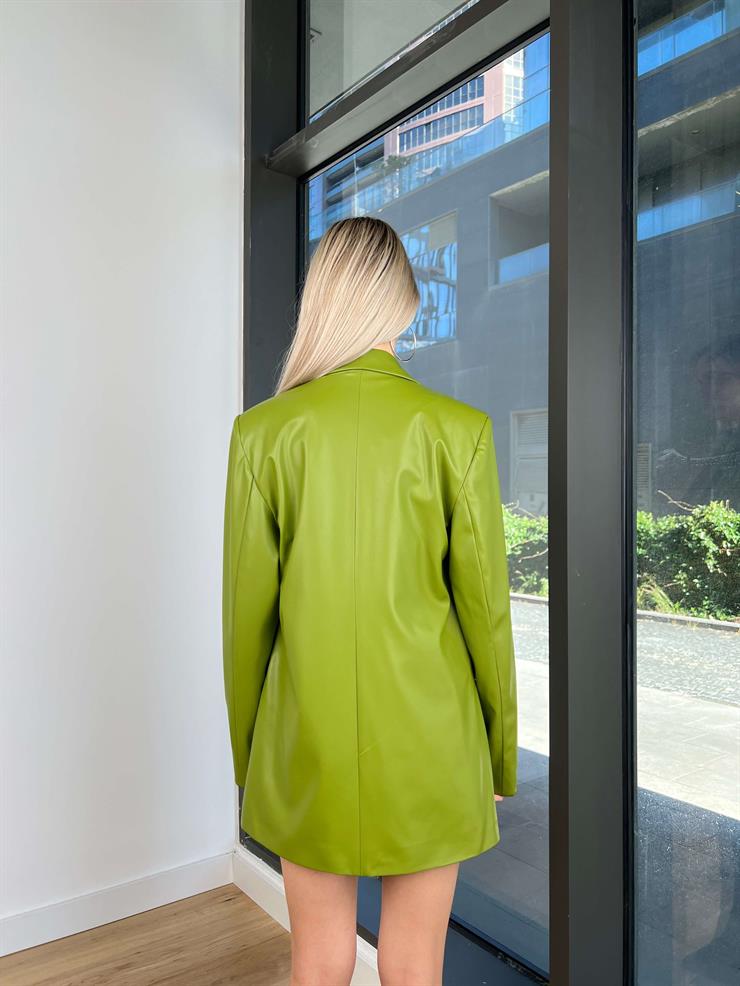 Oversize Vegan Deri Nervio Kadın Yeşil Blazer Ceket 24k000138