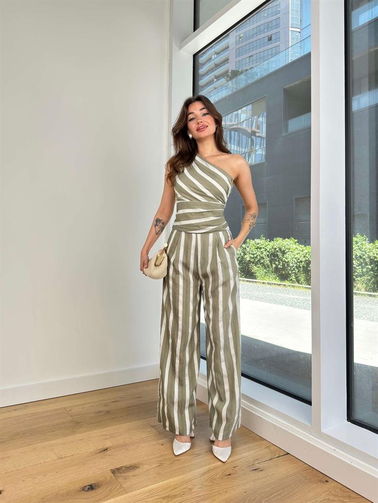 Tek Omuz Belden Oturtmalı Bluz Yüksek Bel Bol Paça Pantolon Nery Kadın Çizgili Mint Takım 24Y578