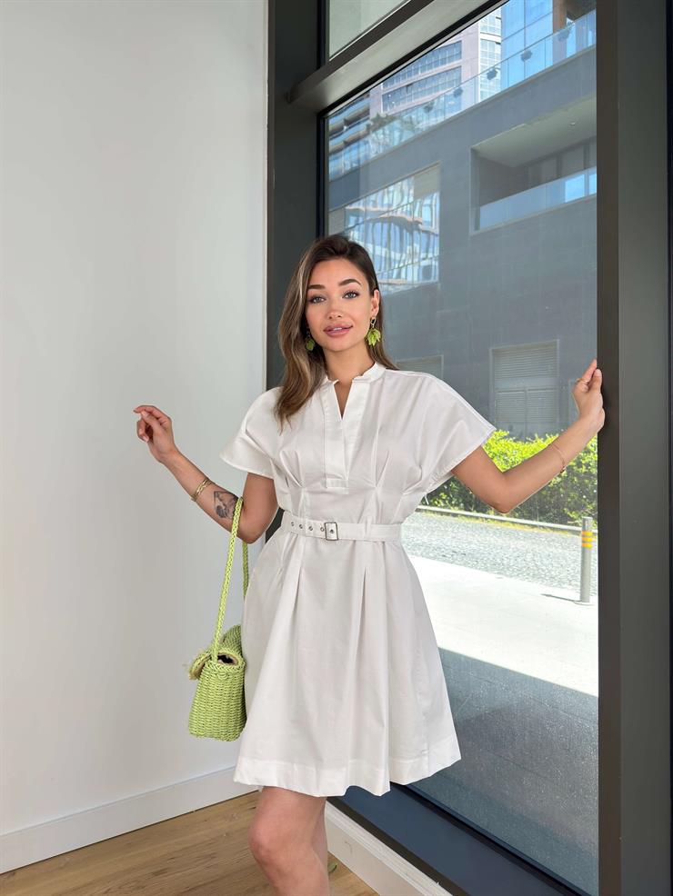 Kısa Kol Beli Kemerli Nestlen Beyaz Kadın Mini Elbise 25Y297