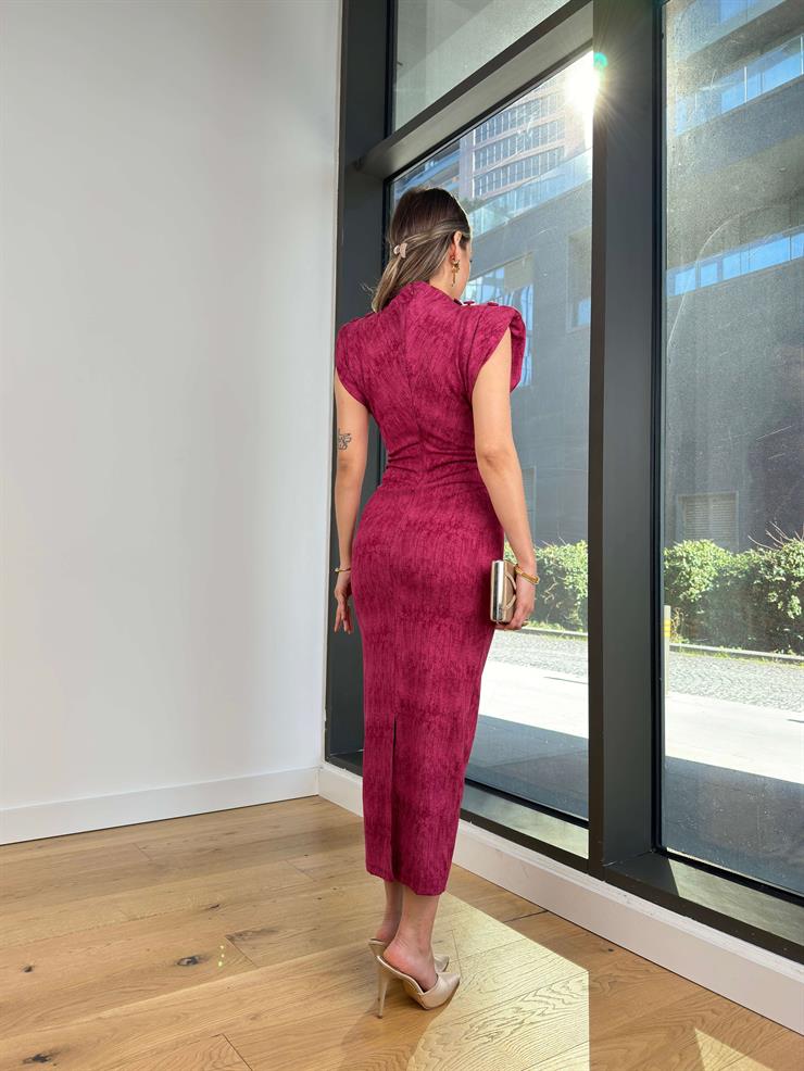 Kolsuz Omuz Vatkalı Drapeli Neston Kadın Bordo Elbise 25Y001