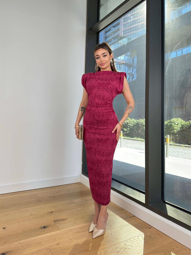 Kolsuz Omuz Vatkalı Drapeli Neston Kadın Bordo Elbise 25Y001