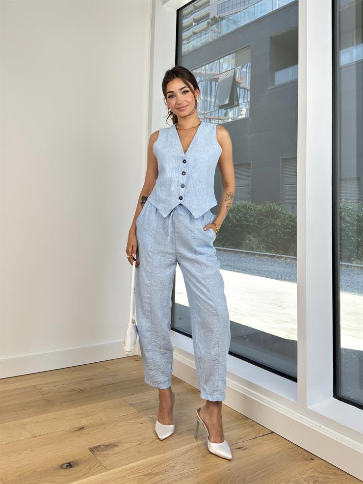 Önü Düğme Kapamalı Yelek Yüksek Lastik Bel Pantolon Nestory Kadın Mavi Takım 24Y745