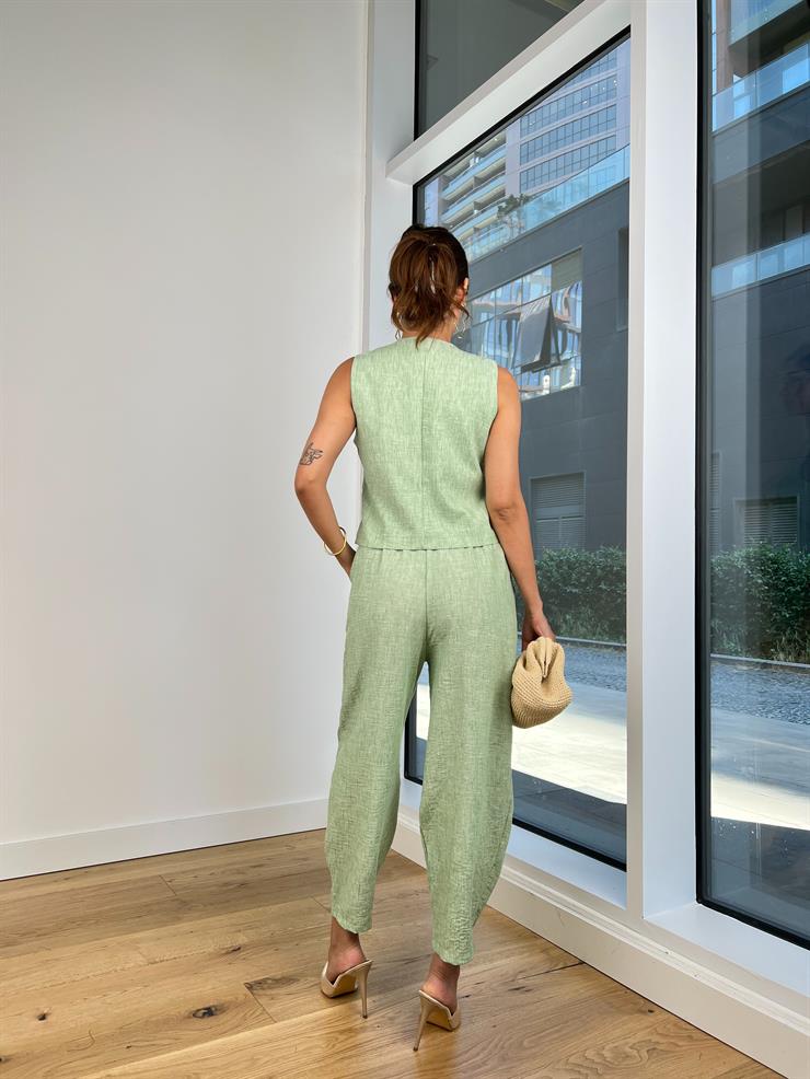 Önü Düğme Kapamalı Yelek Yüksek Lastik Bel Pantolon Nestory Kadın Mint Takım 24Y745