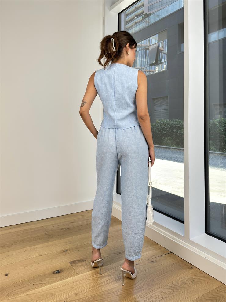 Önü Düğme Kapamalı Yelek Yüksek Lastik Bel Pantolon Nestory Kadın Mavi Takım 24Y745