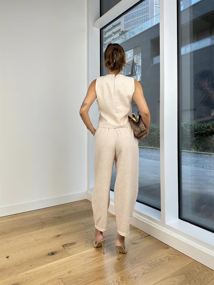 Önü Düğme Kapamalı Yelek Yüksek Lastik Bel Pantolon Nestory Kadın Bej Takım 24Y745