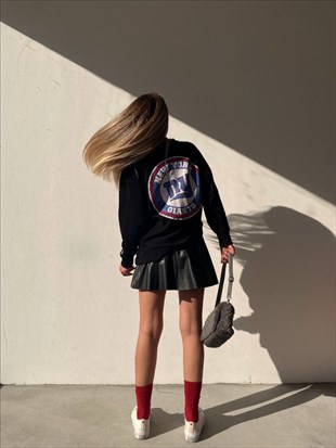 Bisiklet Yaka New York Baskılı Salaş Kadın Siyah Sweat 22K000011