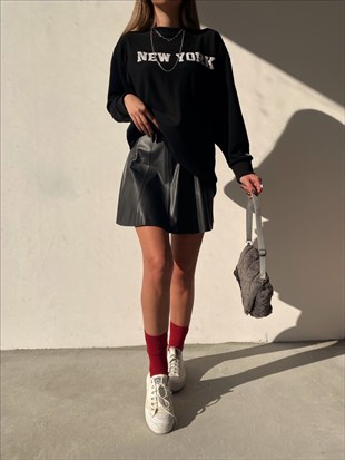 Bisiklet Yaka New York Baskılı Salaş Kadın Siyah Sweat 22K000011