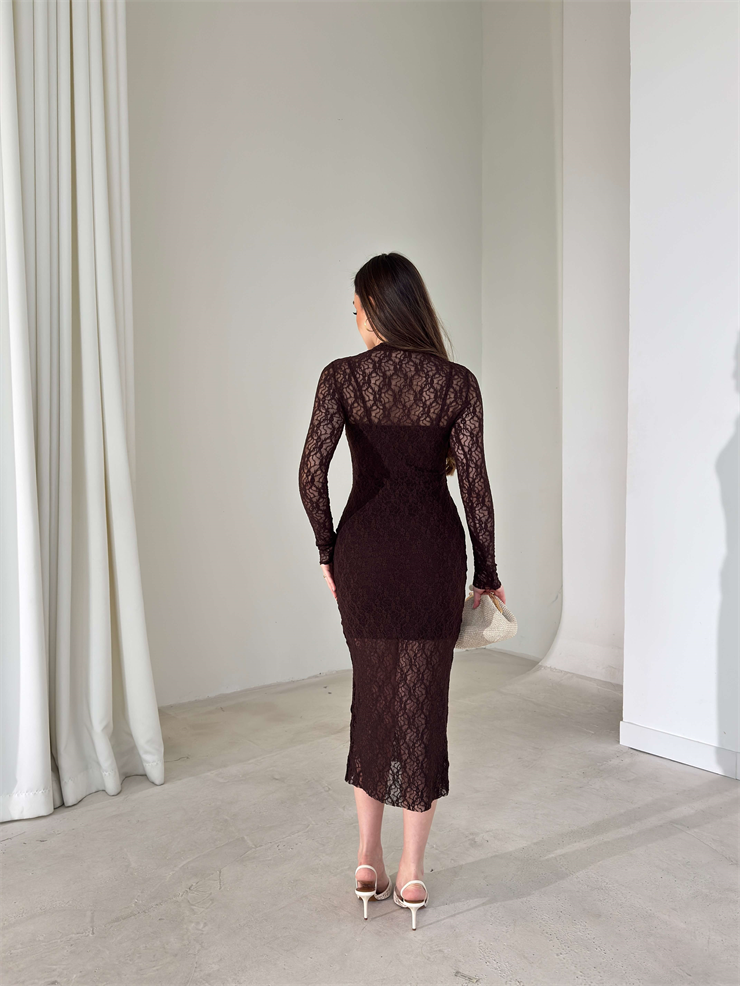 Dantelli Uzun Kollu Astarlı Newro Kahve Kadın Elbise 26Y029