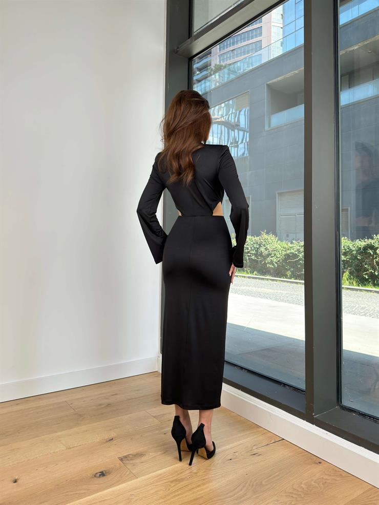 V Y aka Önü Aksesuar Detaylı Yanları Pencereli Nia Kadın Siyah Elbise 24Y116