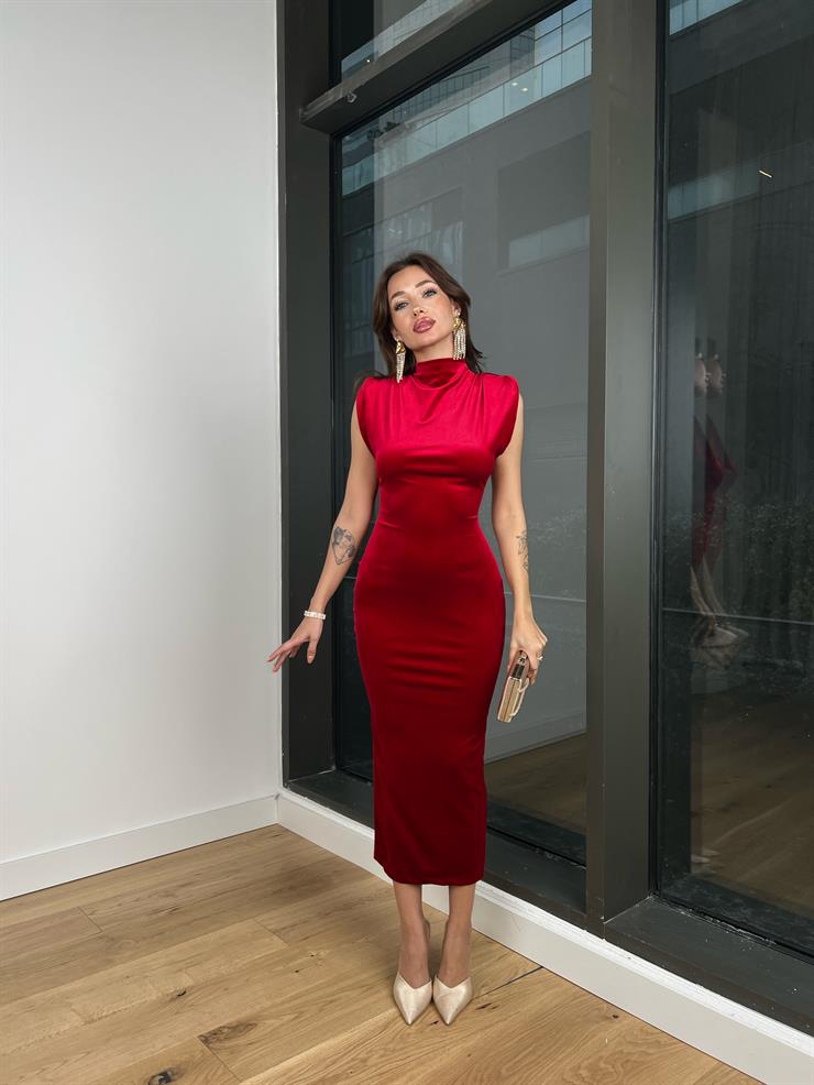 Boğazlı Sıfır Kol Arkası Yırtmaçlı Niall Kadın Bordo Kadife Elbise 24k309