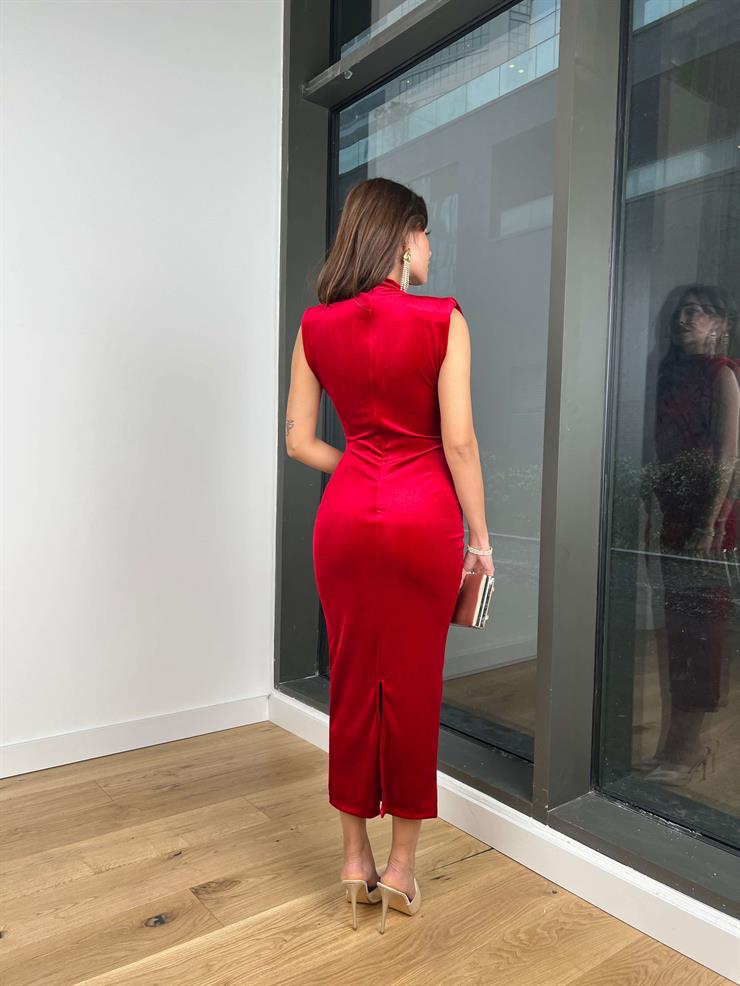 Boğazlı Sıfır Kol Arkası Yırtmaçlı Niall Kadın Bordo Kadife Elbise 24k309