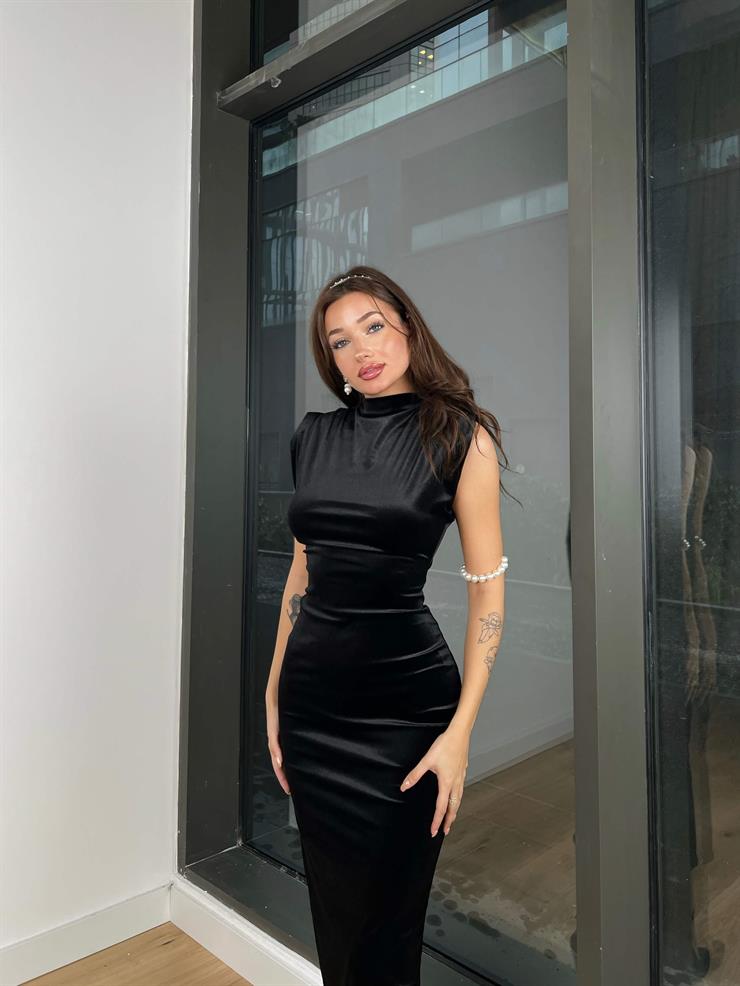 Boğazlı Sıfır Kol Arkası Yırtmaçlı Niall Kadın Siyah Kadife Elbise 24k309