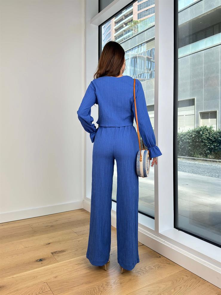 Uzun Kol Önü Bağlamalı Bluz Yüksek Bel Bol Paça Nickson Kadon Mavi Takım 24Y660