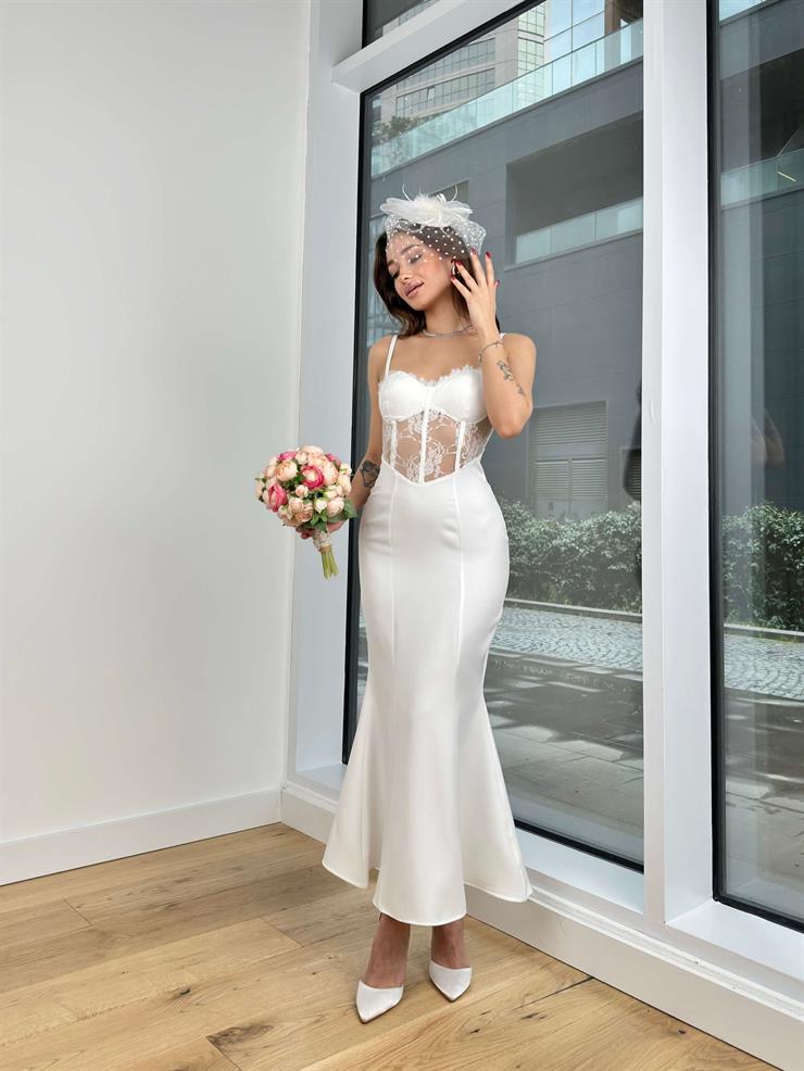 Ayarlanabilir Askılı Korse Transparan Detaylı Nicolás Kadın Ekru Elbise 24Y134